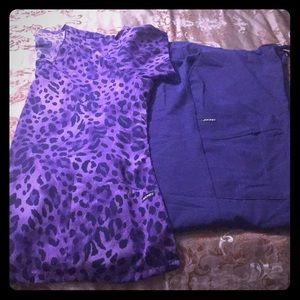 Leopard print scrub top with purple scrub pants